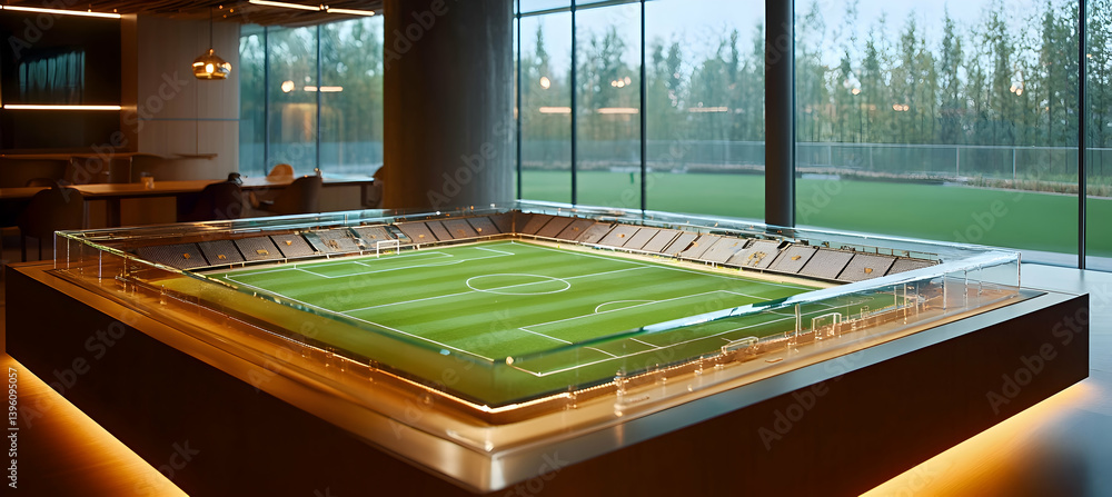 A championship-level football ground model with floodlights and VIP seating, displayed in an architect conference room. A championship-level football ground model with floodlights and VIP seating, displayed in an architect conference room.