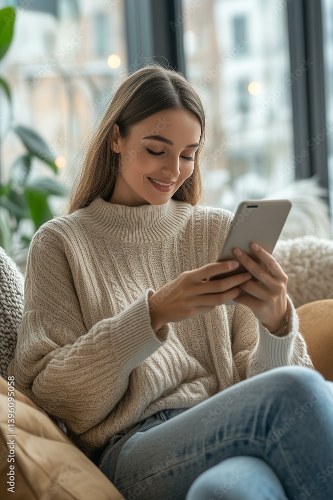 Woman online shopping with phone at home