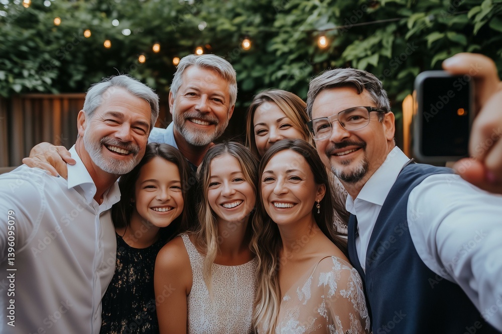 Happy multigenerational family taking selfie in summer backyard