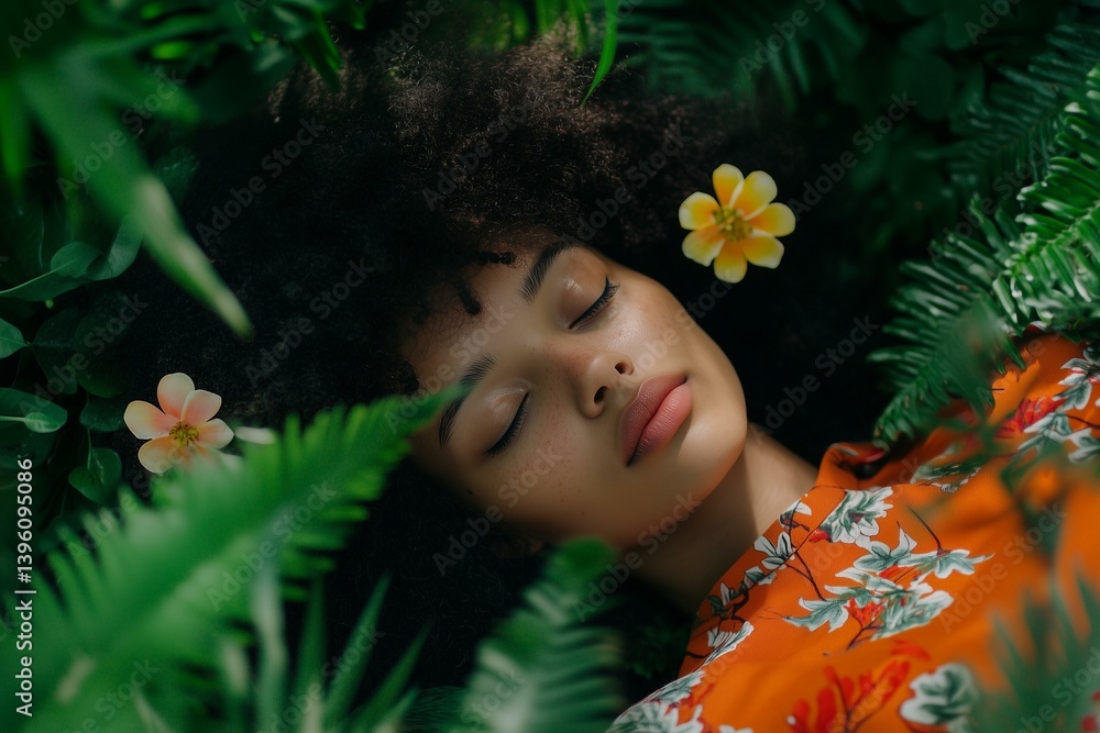 Dreamy woman with afro hairstyle and flower among green plants