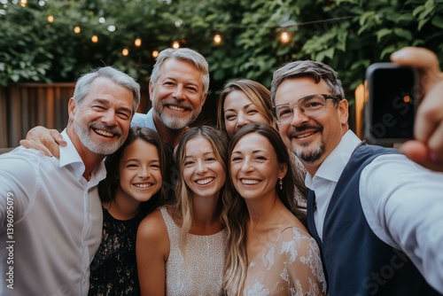 Obraz na płótnie Happy multigenerational family taking selfie in summer backyard w salonie