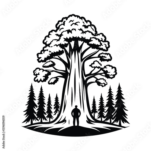 Silhouette of a Man Looking at Giant Sequoia Tree Surrounded by Fir Forest