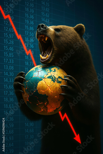 Global stock market collapse, bear market, crushing Earth in the bear's claws creates an urgent, symbolic atmosphere of economic turmoil, highlighted by dramatic lighting  