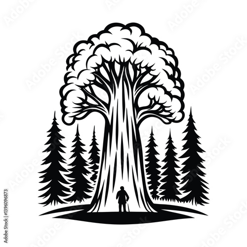 Silhouette Majestic Sequoia Tree with a Man Amongst Pine Trees, Black and White