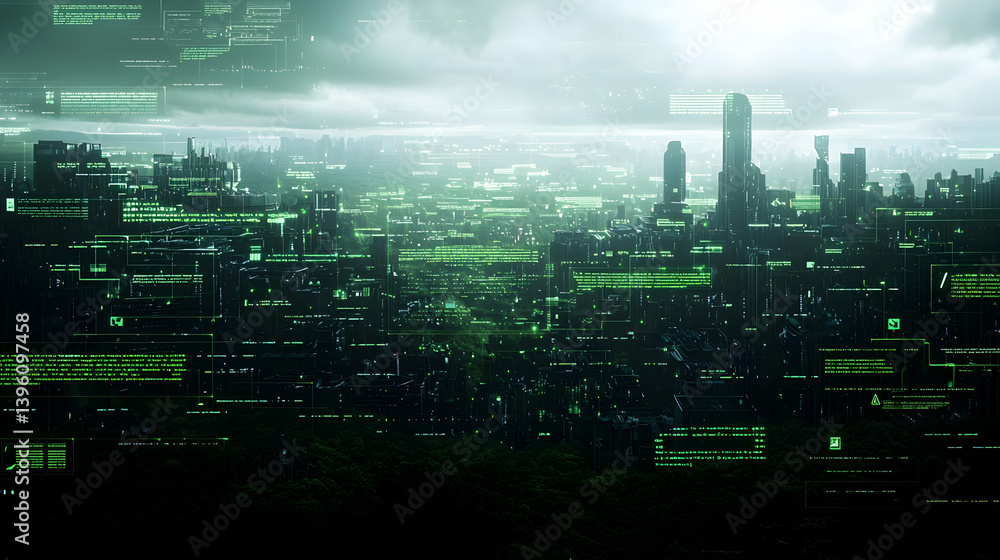 Futuristic Cityscape At Night With Green Light Effects