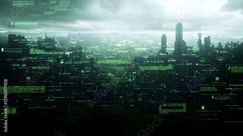 Obraz na płótnie Futuristic Cityscape At Night With Green Light Effects w salonie