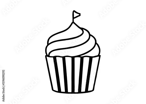 Sweet Cupcake Delight: An elegant outline of a perfectly designed cupcake with a small flag on the top. This illustration encapsulates sweetness and joy, perfect for any culinary-themed project. 