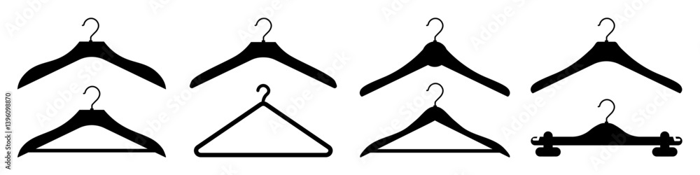 Set of black clothes hangers of different shapes. Neat arrangement in the closet. Vector isolated illustration. Set of black clothes hangers of different shapes. Neat arrangement in the closet. Vector isolated illustration.