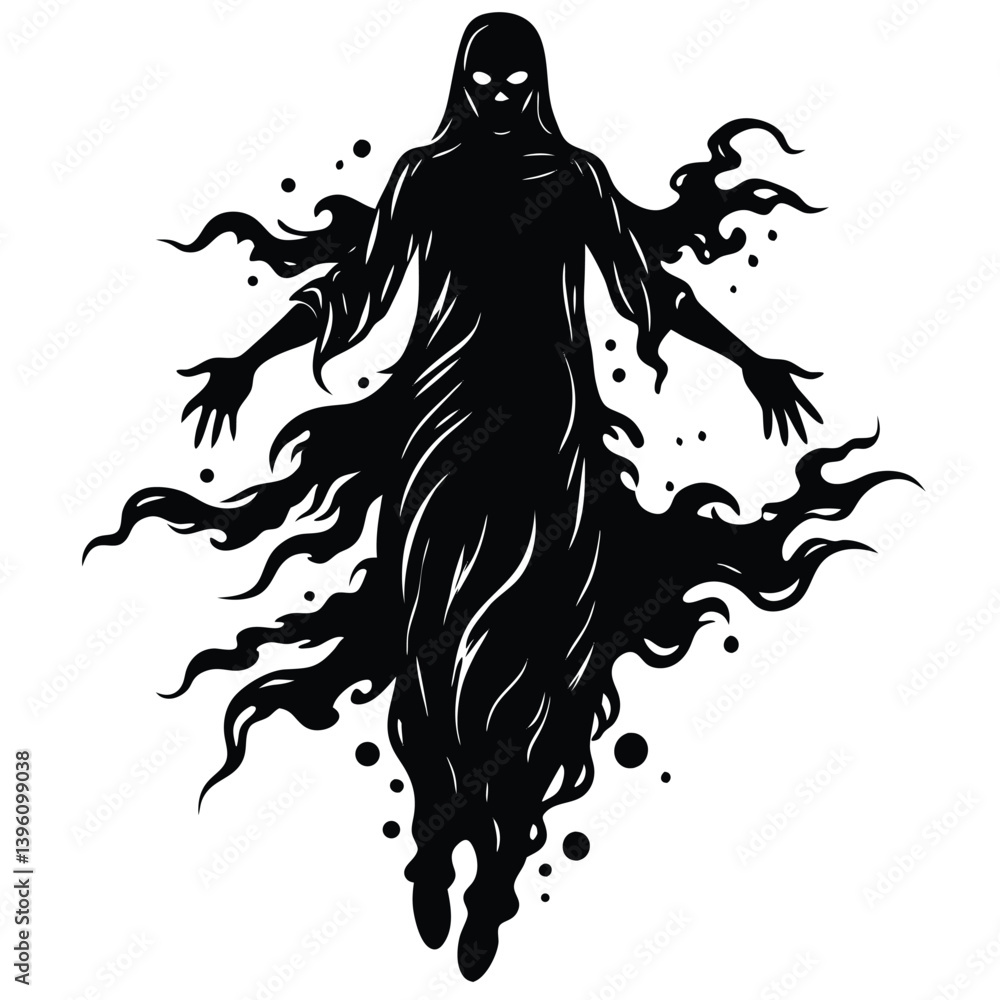 Silhouette Spooky Phantom Floating with Arms Outstretched, Black Figure on White Background Silhouette Spooky Phantom Floating with Arms Outstretched, Black Figure on White Background