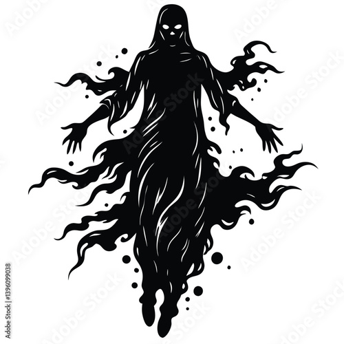 Silhouette Spooky Phantom Floating with Arms Outstretched, Black Figure on White Background