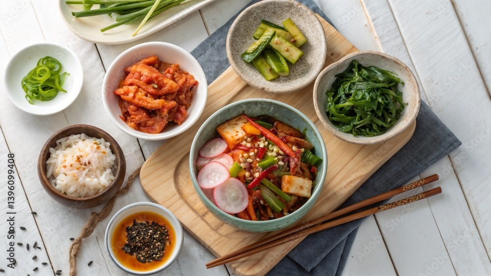 Korean banchan side dishes with rice and kimchi on white table Korean banchan side dishes with rice and kimchi on white table