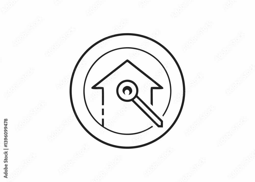 Home Key Icon: A minimalist emblem depicts a house, bisected by a key, symbolizing access, security, and the essence of home ownership. Home Key Icon: A minimalist emblem depicts a house, bisected by a key, symbolizing access, security, and the essence of home ownership.
