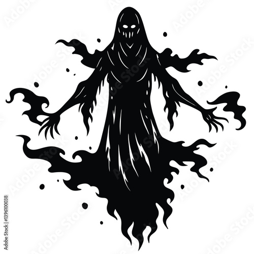 Spooky Ghost Silhouette with Bats and Cloudy Ground over Full Moon, Black and White