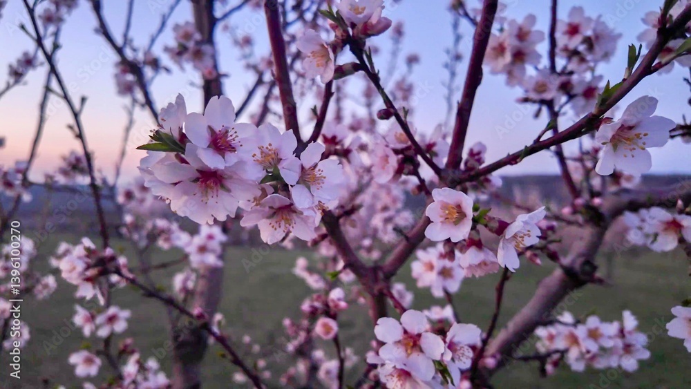 Almond blossoms on a twig. Blooming almond trees. Flowering trees at twilight, dusk. Close-up Almond blossoms on a twig. Blooming almond trees. Flowering trees at twilight, dusk. Close-up