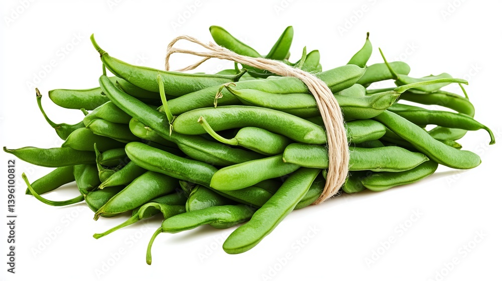 Close up of a bundle of fresh green beans tied together with twine on a white background studio shot Close up of a bundle of fresh green beans tied together with twine on a white background studio shot