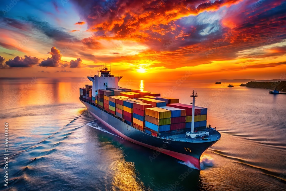 Container Ship Sailing On The Ocean At Dramatic Sunset With Colorful Clouds And Reflections, container ship, cargo ship, freight transport, shipping, ocean, sea, sunset, sunrise, dramatic sky Container Ship Sailing On The Ocean At Dramatic Sunset With Colorful Clouds And Reflections, container ship, cargo ship, freight transport, shipping, ocean, sea, sunset, sunrise, dramatic sky