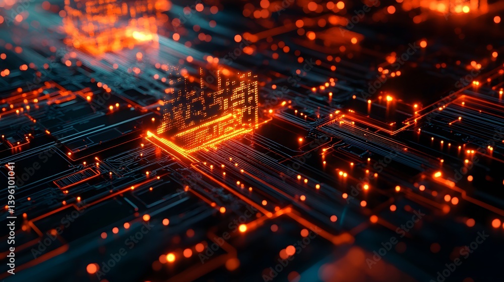 Illuminated Circuit Board: A macro shot of a sophisticated circuit board glows with an intricate network of circuits, radiating an aura of technological innovation and connectivity. Illuminated Circuit Board: A macro shot of a sophisticated circuit board glows with an intricate network of circuits, radiating an aura of technological innovation and connectivity.