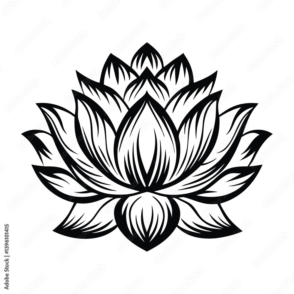 Stylized Lotus Flower in Black and White, Elegant Floral Motif, Isolated on White Stylized Lotus Flower in Black and White, Elegant Floral Motif, Isolated on White