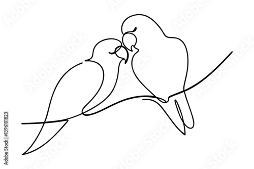 Minimalist One Line Drawing Of Two Lovebirds Perched On A Branch Together
