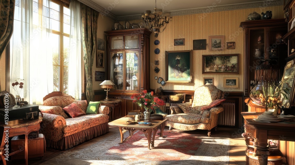 A warm and inviting interior depicting a classic and cozy living room A warm and inviting interior depicting a classic and cozy living room