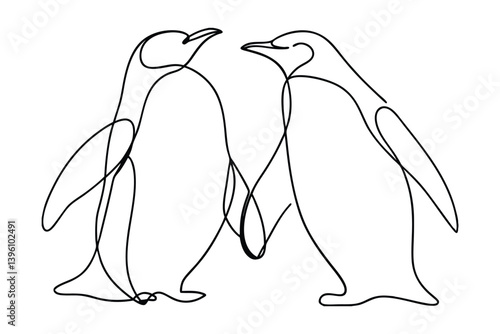 Continuous Line Drawing Of Two Penguins Minimalist Style Wildlife Illustration