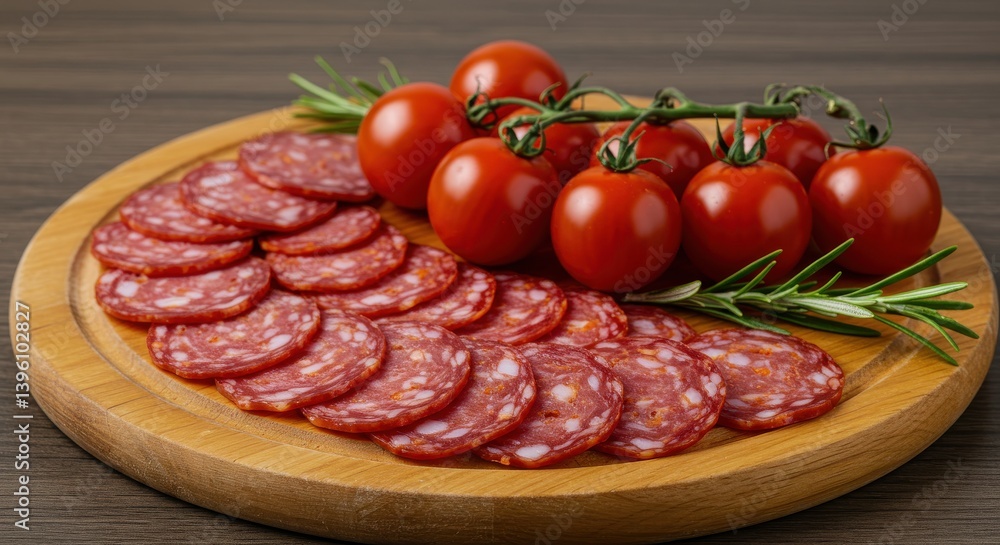 Salami slices and cherry tomatoes arranged on a wooden board with rosemary garnish presented nicely Salami slices and cherry tomatoes arranged on a wooden board with rosemary garnish presented nicely