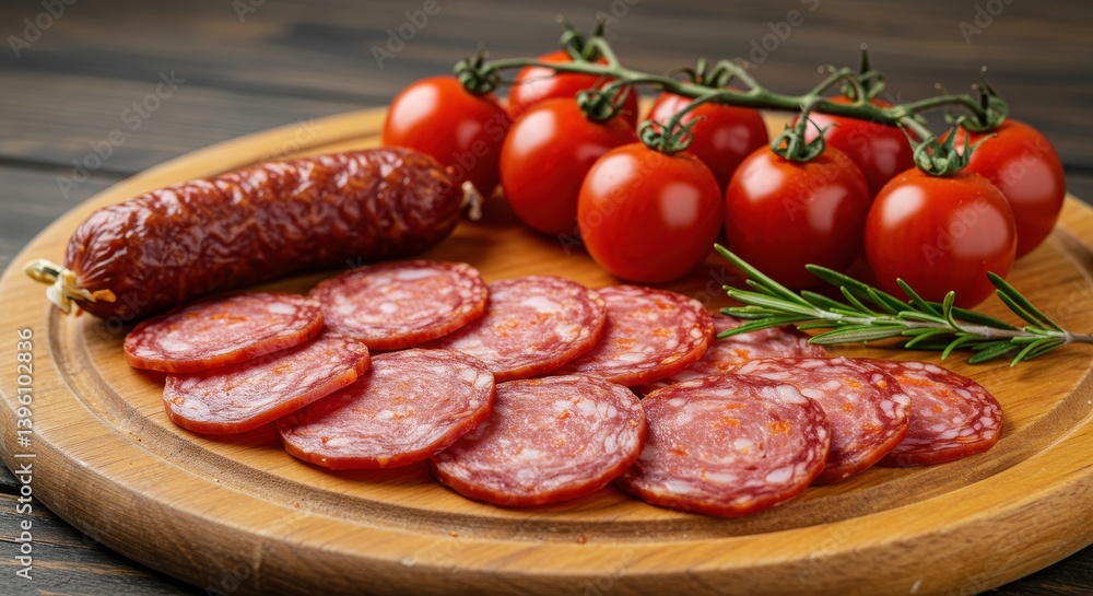 A wooden board featuring sliced sausage, a whole sausage, and a sprig of cherry tomatoes on a table A wooden board featuring sliced sausage, a whole sausage, and a sprig of cherry tomatoes on a table