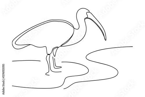 Continuous Line Drawing Of An Ibis Bird In The Water Minimalist Design