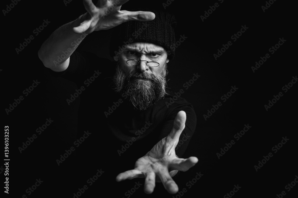 Black and white, dramatic portrait of an energetic man with a beard and glasses, reaching towards the camera. Subtle lighting, emotional expression, dark background, mysterious concept