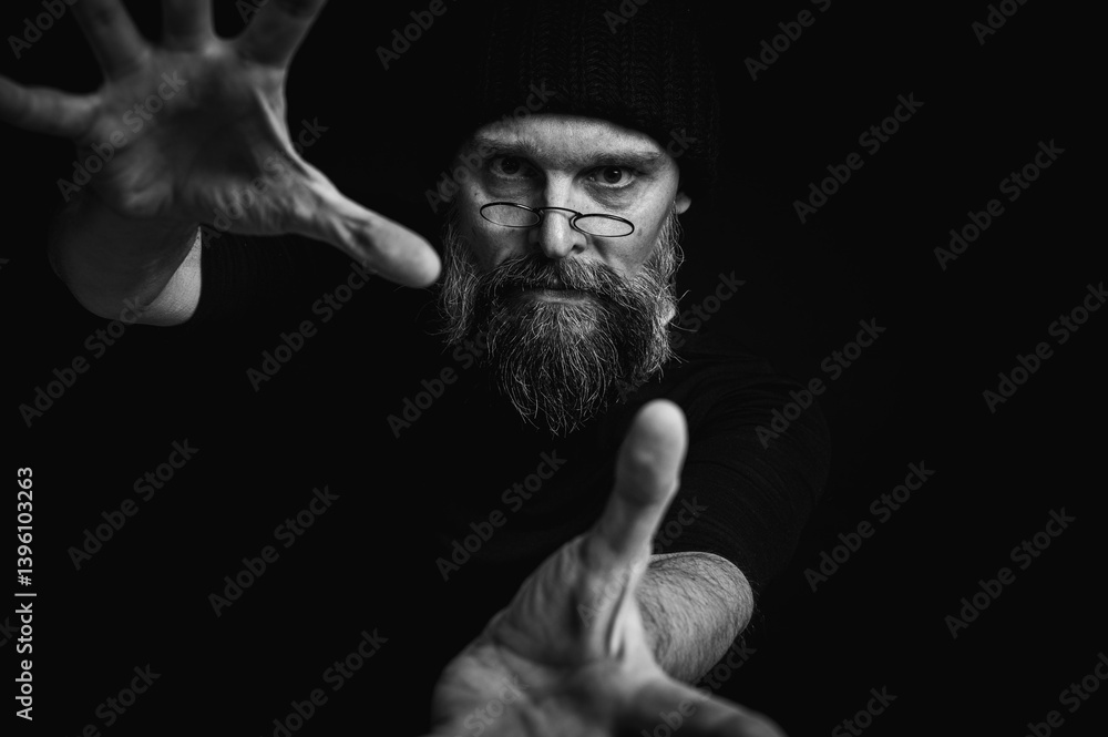 Black and white, dramatic portrait of an energetic man with a beard and glasses, reaching towards the camera. Subtle lighting, emotional expression, dark background, mysterious concept