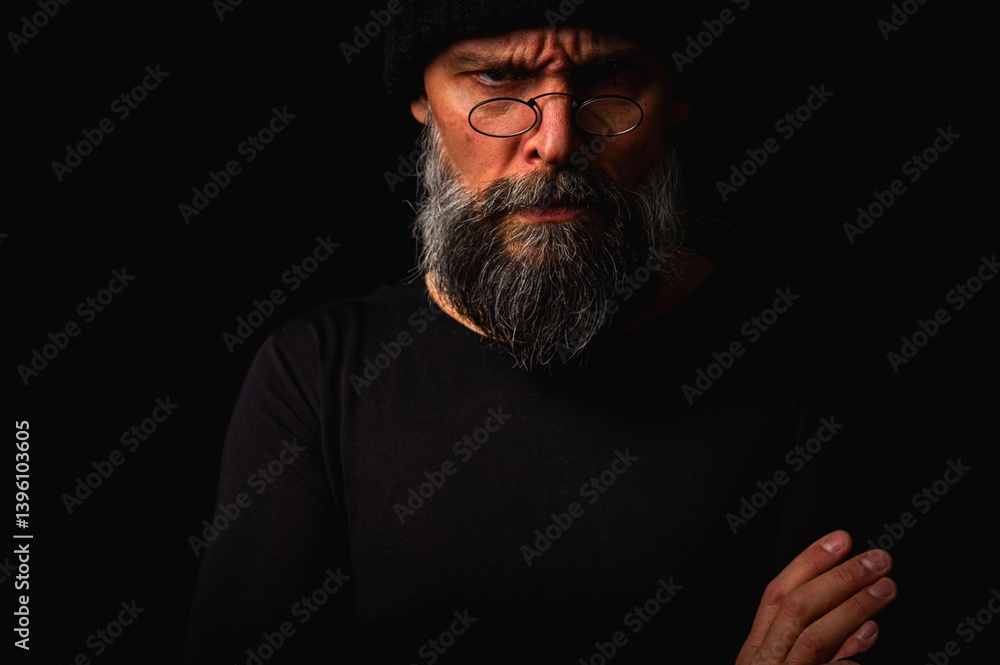Portrait of a confident mature man with arms crossed in front of him, wearing a knitted hat and glasses. Staring gaze, gray beard and black vest. Stylish discreet portrait on a dark background