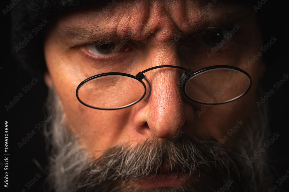 Portrait of angry bearded man in black hat and glasses growling at camera. Dramatic portrait in subdued lighting, expressive face, emotional tension, dark background