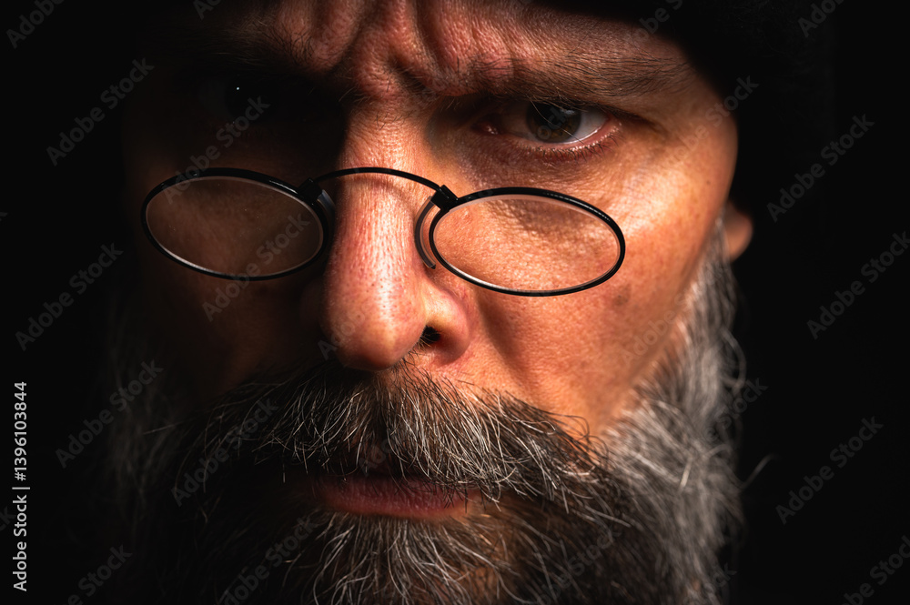 Portrait of angry bearded man in black hat and glasses growling at camera. Dramatic portrait in subdued lighting, expressive face, emotional tension, dark background