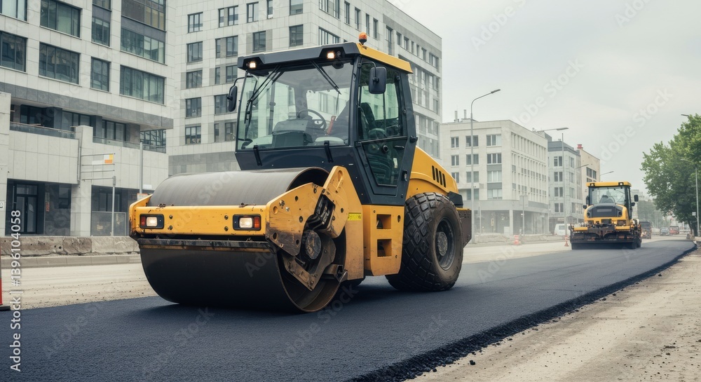 A yellow road roller compacting asphalt on a city street with buildings in the background on a cloudy day A yellow road roller compacting asphalt on a city street with buildings in the background on a cloudy day