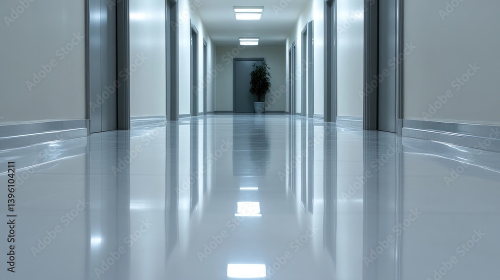 Modern, polished hallway with reflective floor Modern, polished hallway with reflective floor