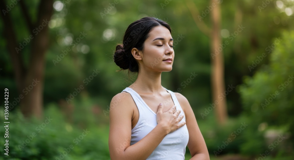 Woman in white top meditating outdoors with trees in background in a peaceful and serene environment Woman in white top meditating outdoors with trees in background in a peaceful and serene environment