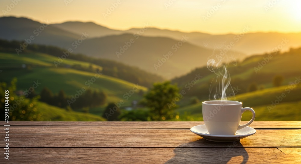 A cup of coffee on a wooden table overlooking green hills during a bright sunny morning landscape view A cup of coffee on a wooden table overlooking green hills during a bright sunny morning landscape view