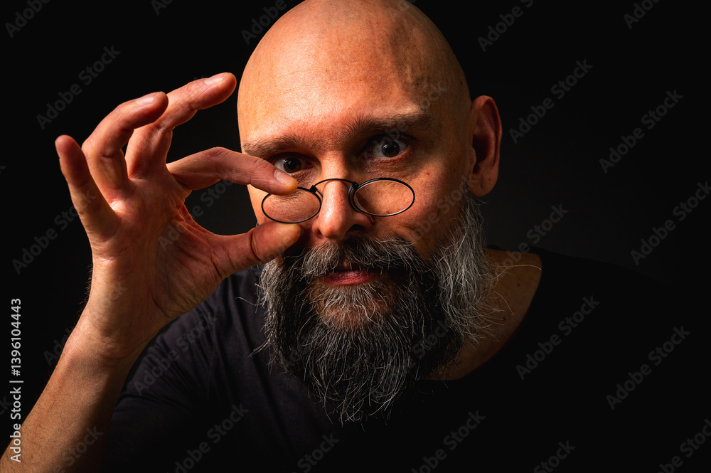 Intense bald man with a grey beard and round glasses making a small pinch gesture. Low key portrait with dramatic lighting and expressive face on black background