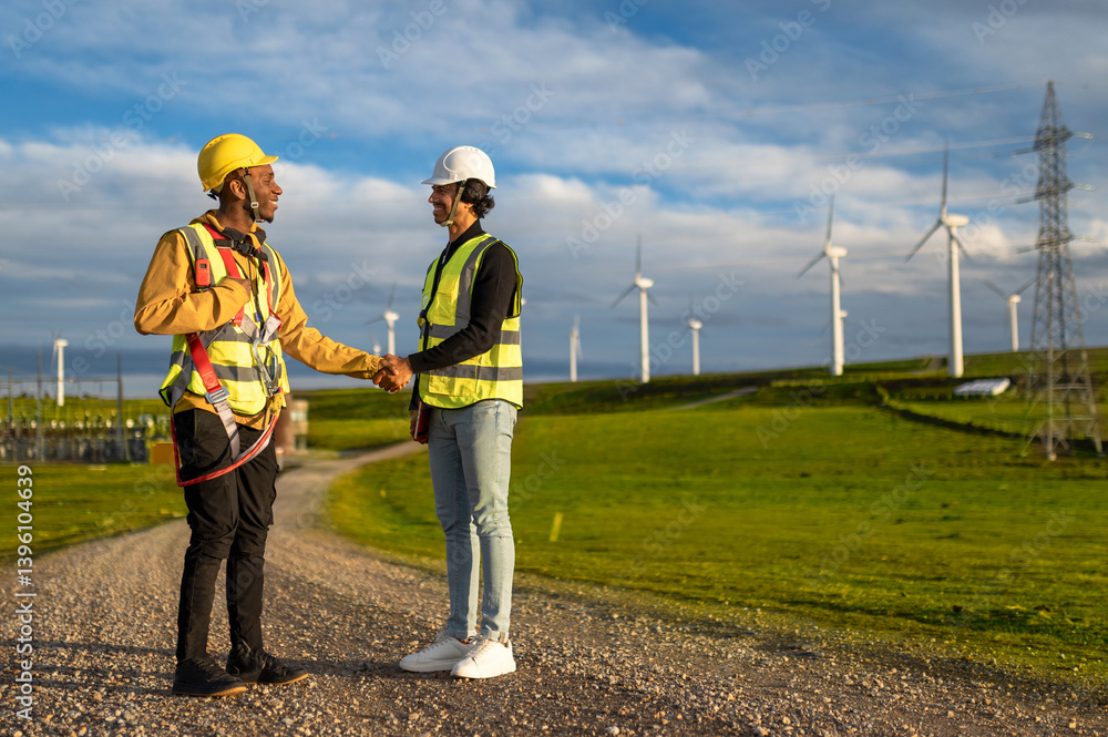 Two engineers shaking hands in a wind turbine farm, celebrating successful renewable energy development