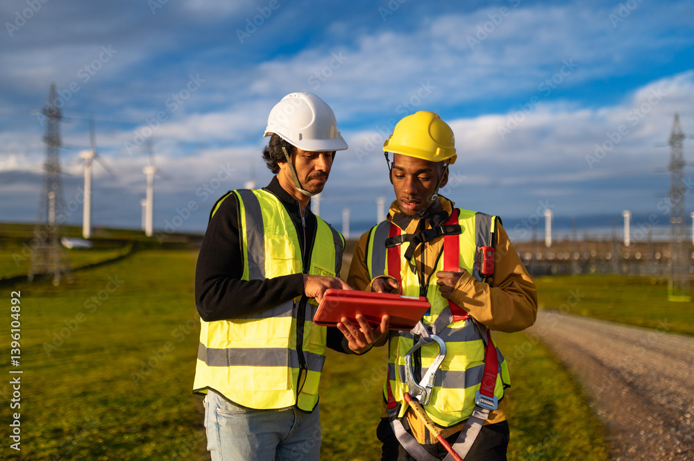 Two engineers using a tablet, inspecting the operation of a wind turbine in a field