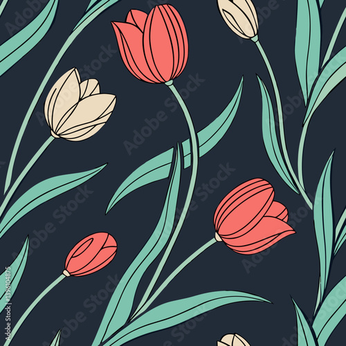 Seamless floral pattern of red and white tulips on a dark background