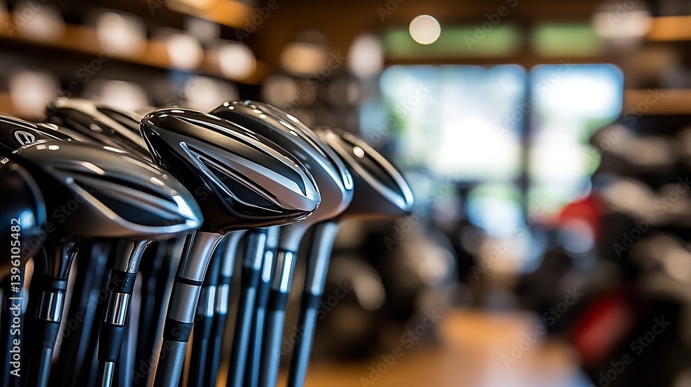 Detailed showcase of premium golf clubs lined up for enthusiastic golfers in a store : Generative AI