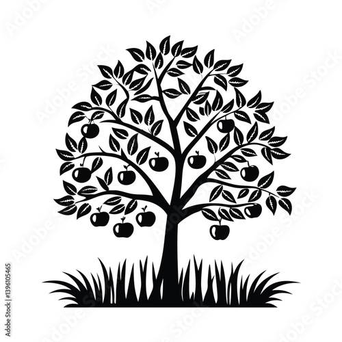 Apple Tree Silhouette With Leaves and Fruits, Isolated on White, Meadow Grass Detail