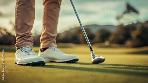 Golfer's feet on a golf course ready to swing towards the sunset scenery : Generative AI