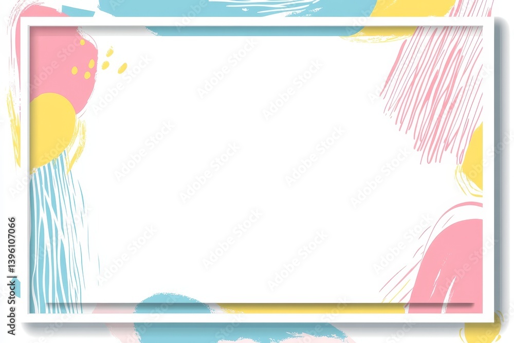 Colorful memphis style frame with shapes and text space in pastel palette and minimalist design