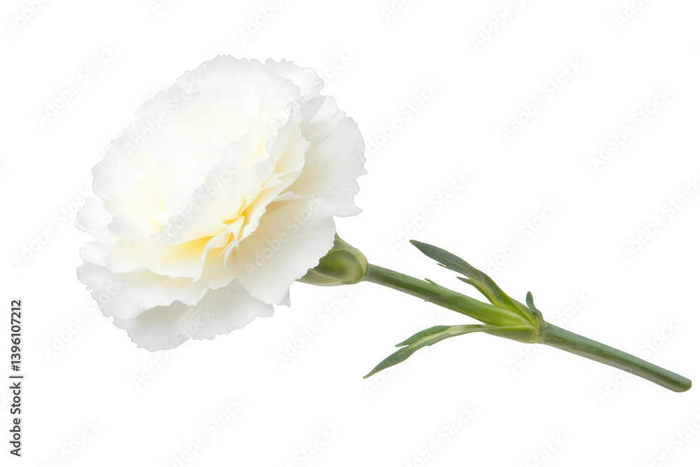 Delicate white carnation flower with soft yellow center against a bright background. Delicate white carnation flower with soft yellow center against a bright background.