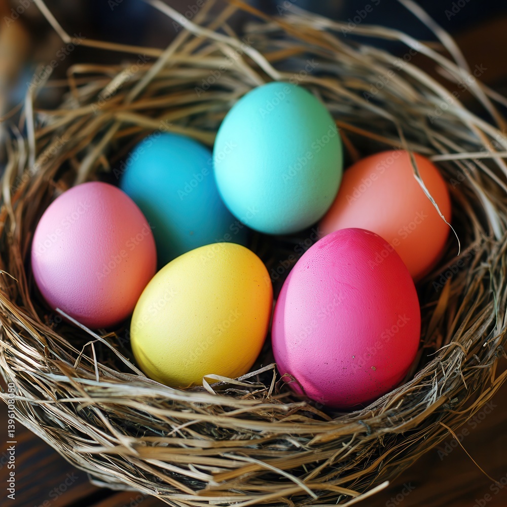 A close-up view of a nest containing four eggs, symbolizing new life and the Easter season. A close-up view of a nest containing four eggs, symbolizing new life and the Easter season.