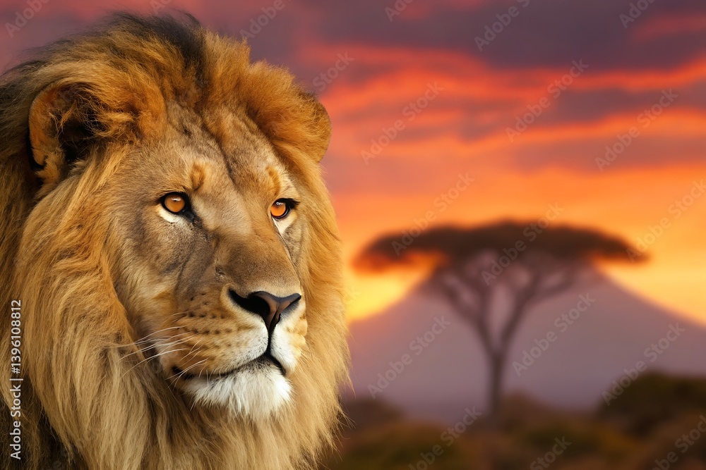 Obraz premium Majestic Lion Portrait With Golden Mane Against African Sunset Creating A Dramatic And Peaceful Wildlife Image, lion, lion portrait, african wildlife, wildlife, animal, mammal, predator, carnivore