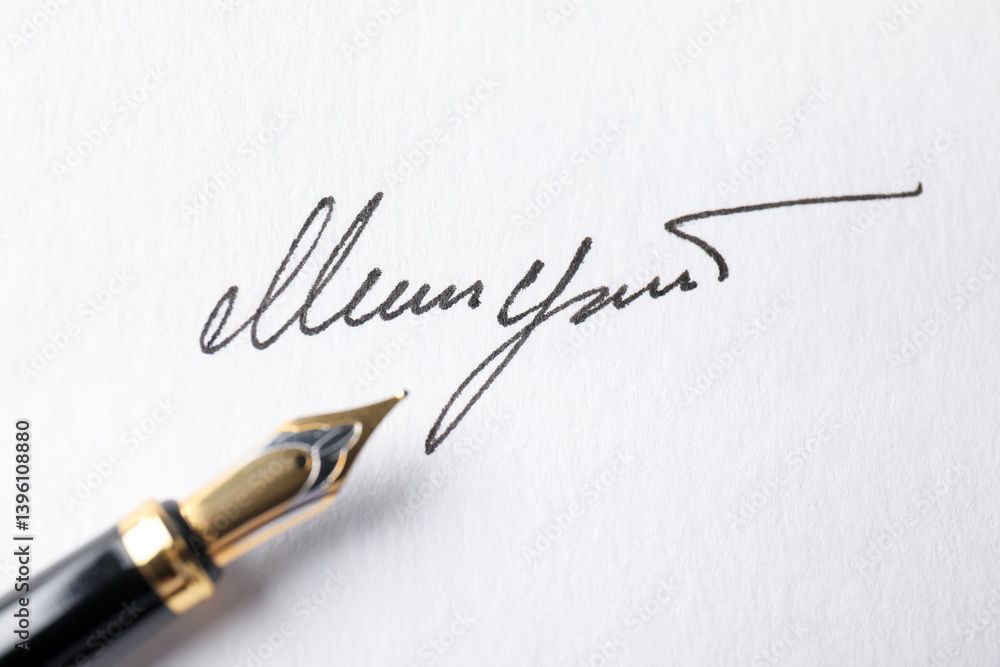 Fototapeta premium Fountain pen and signature on white paper, closeup