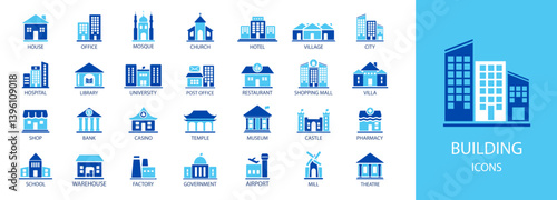 Set of building icons.  Hotel, pharmacy, hospital, apartament, library, city,  mall, collection. Simple vector illustration. 